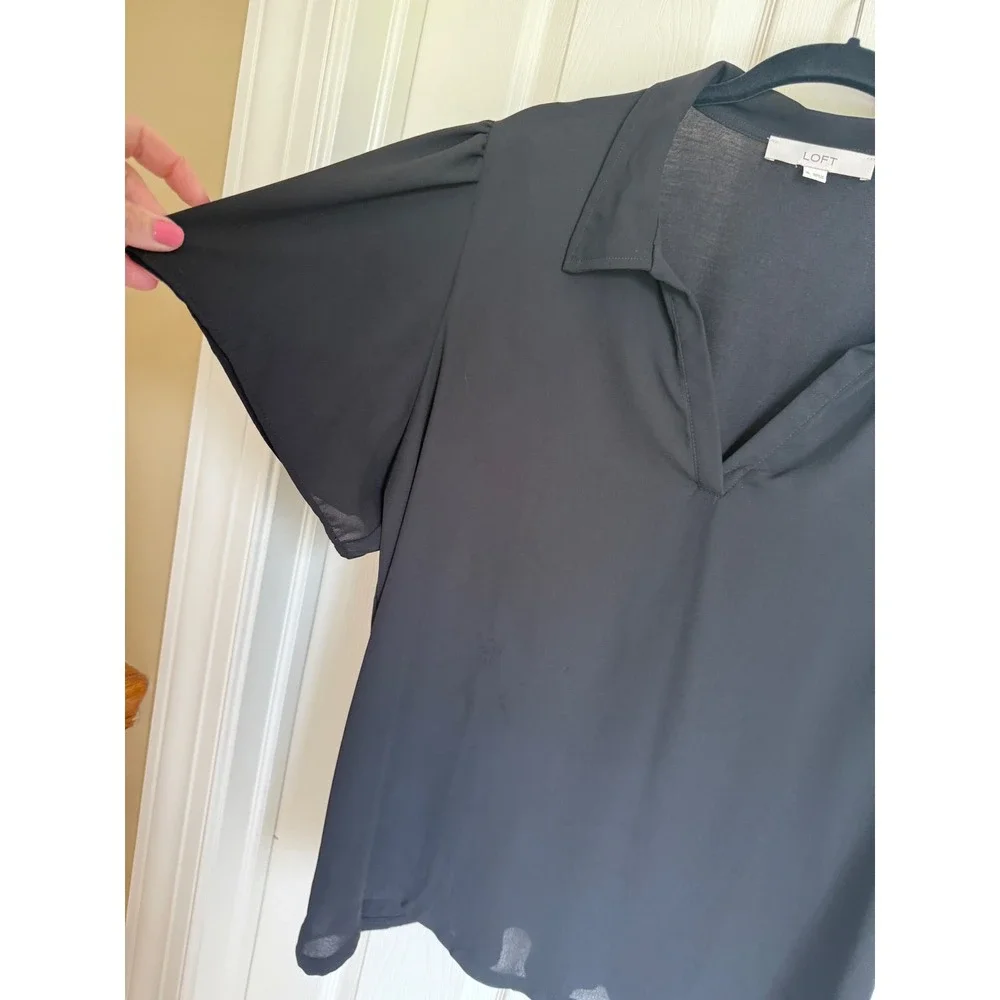 LOFT Black Mixed Media Flutter Sleeve Collared Split Neck Blouse XL